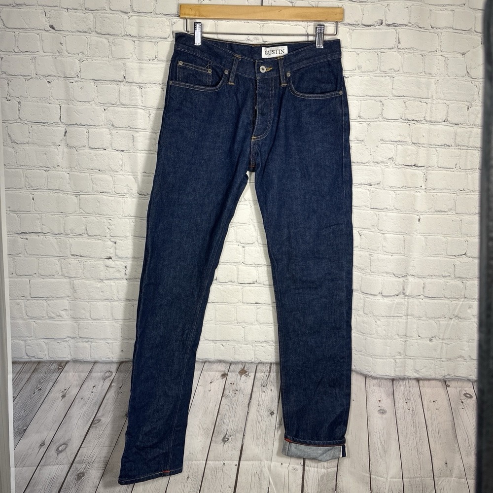 Gustin California‎ Slim Raw Selvedge Jeans 31 Mens Blue Button Fly Dark Wash